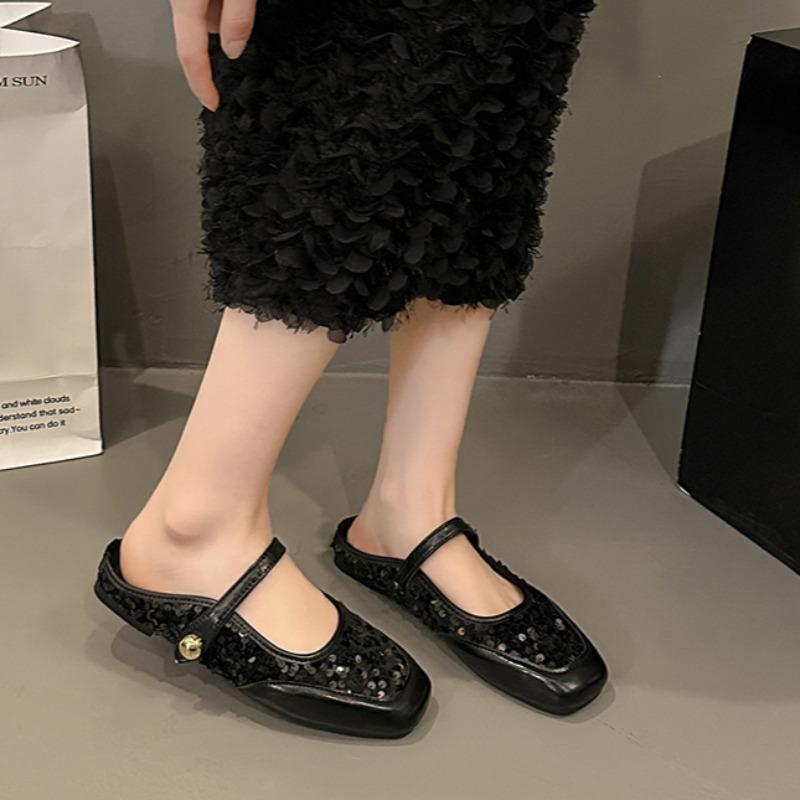 Spring New Style Flat Shoes Women's Square Head Shallow Mouth Glitter Set Foot Soft Sole Anti-slip Wear-resistant Slippers