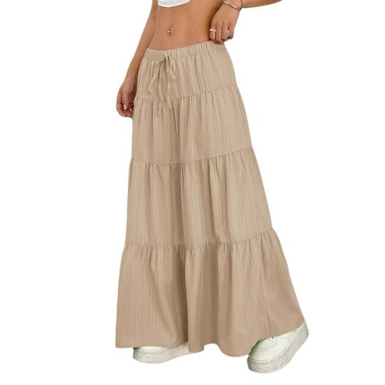

Women Long Skirt Spring Summer Middle Waist A Line Flowy Swing Skirt Breathable Solid Color Elastic Waist Drawstring Pleated Casual Skirt XXL хаки