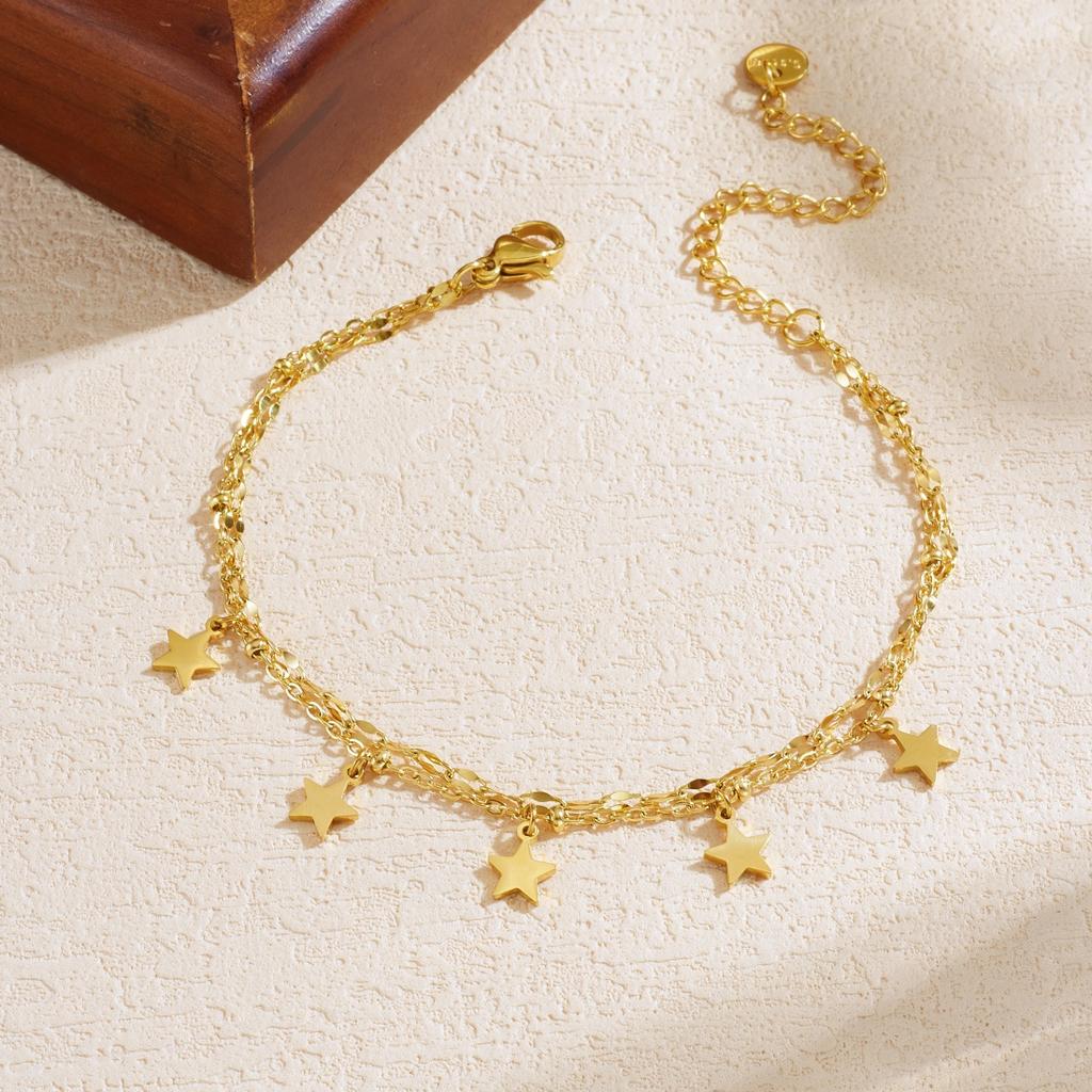 DIEYURO 316L Stainless Steel Golden Star Multi Pendant Sparkling Double layer Bracelet Women Trend Fashion Hand Chain Jewelry