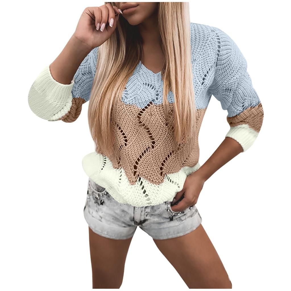 Women Fashion Loose Contrast Color V-neck Hollow Loose Knit Long-sleeved Sweater