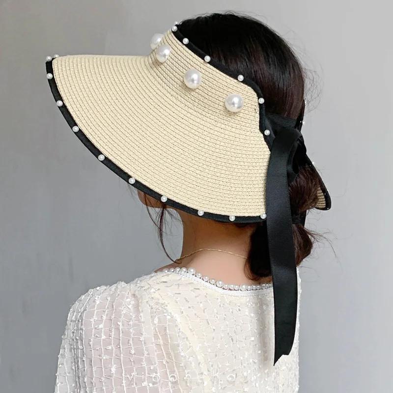 Foldable Empty Top Straw Hats For Women Summer White Imitation Pearl Beach Visor Caps UV Protction Adjustable Ribbon Sun Hat