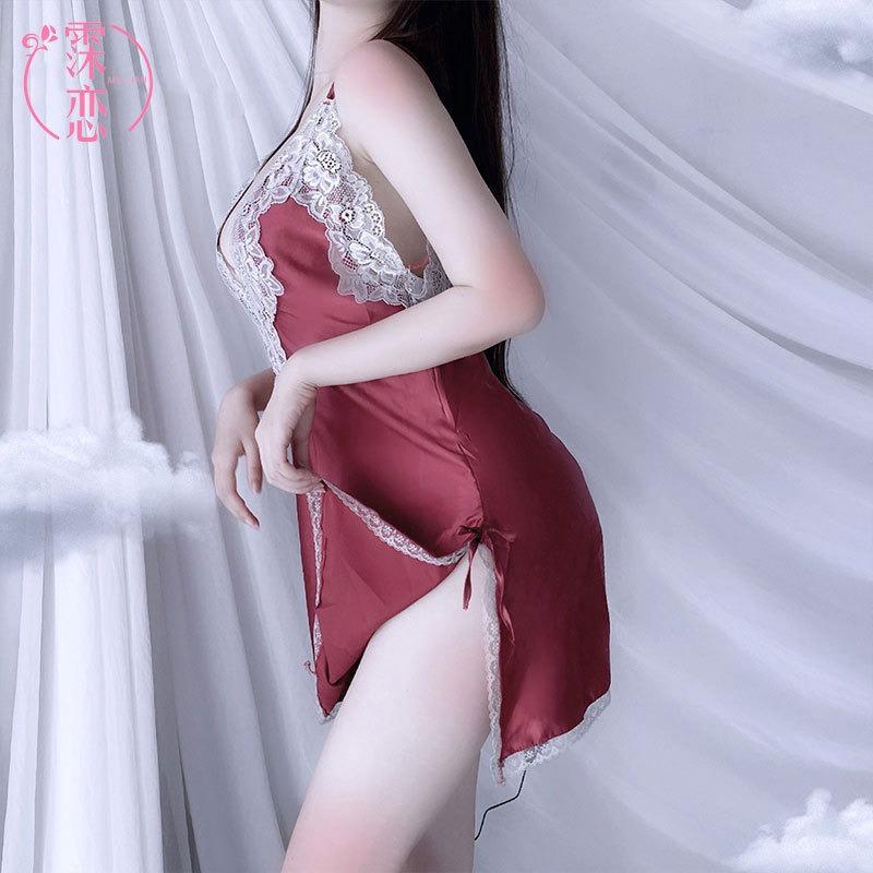 Sex underwear hollow lace suspender burgundy pure desire side split bow sexy hot