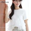 Korean Style Summer Women Patchwork Top O Neck White Black Organza Ruffles Princess T-Shirt Short Sleeve Cotton Tee