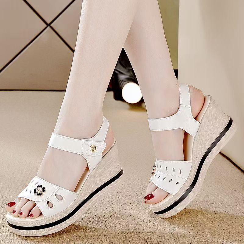 Medium heel comfortable shoes new summer flat bottom versatile fashion muffin soft bottom wedge heel summer sandals