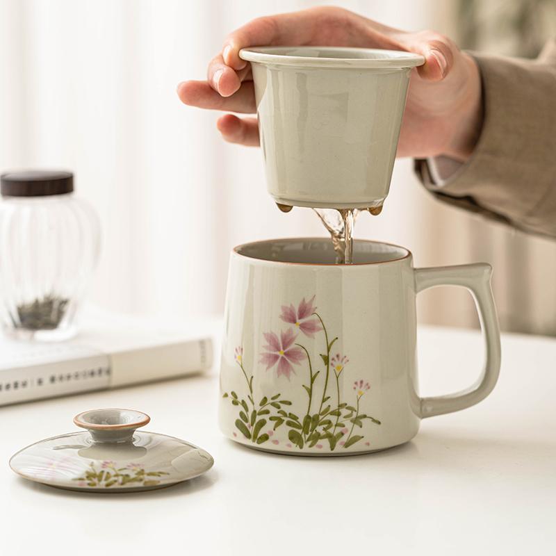 Chinese Style Floral Pattern Tea Filtering and Separation Cup, With Cover White Porcelain Mug, Drinkware Ceramic Office Cup, 1Pc
