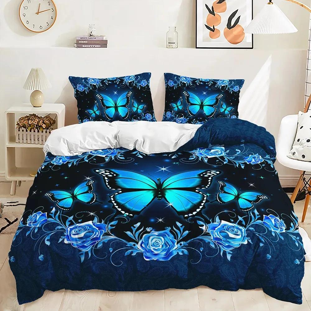 Purple Butterfly Rose Bedding Sets Fashion Duvet Cover Sets Twin Full Queen King Size Pillowcase for Kids Adult Gift Bed Linen