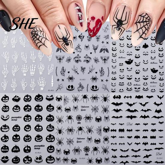 Fingertip Nail Art Halloween 3D Embossed Stickers, Skeleton Hand Pumpkin Spider Bat Supplies Decals, Gothic Manicure Decoration Decals for Holiday