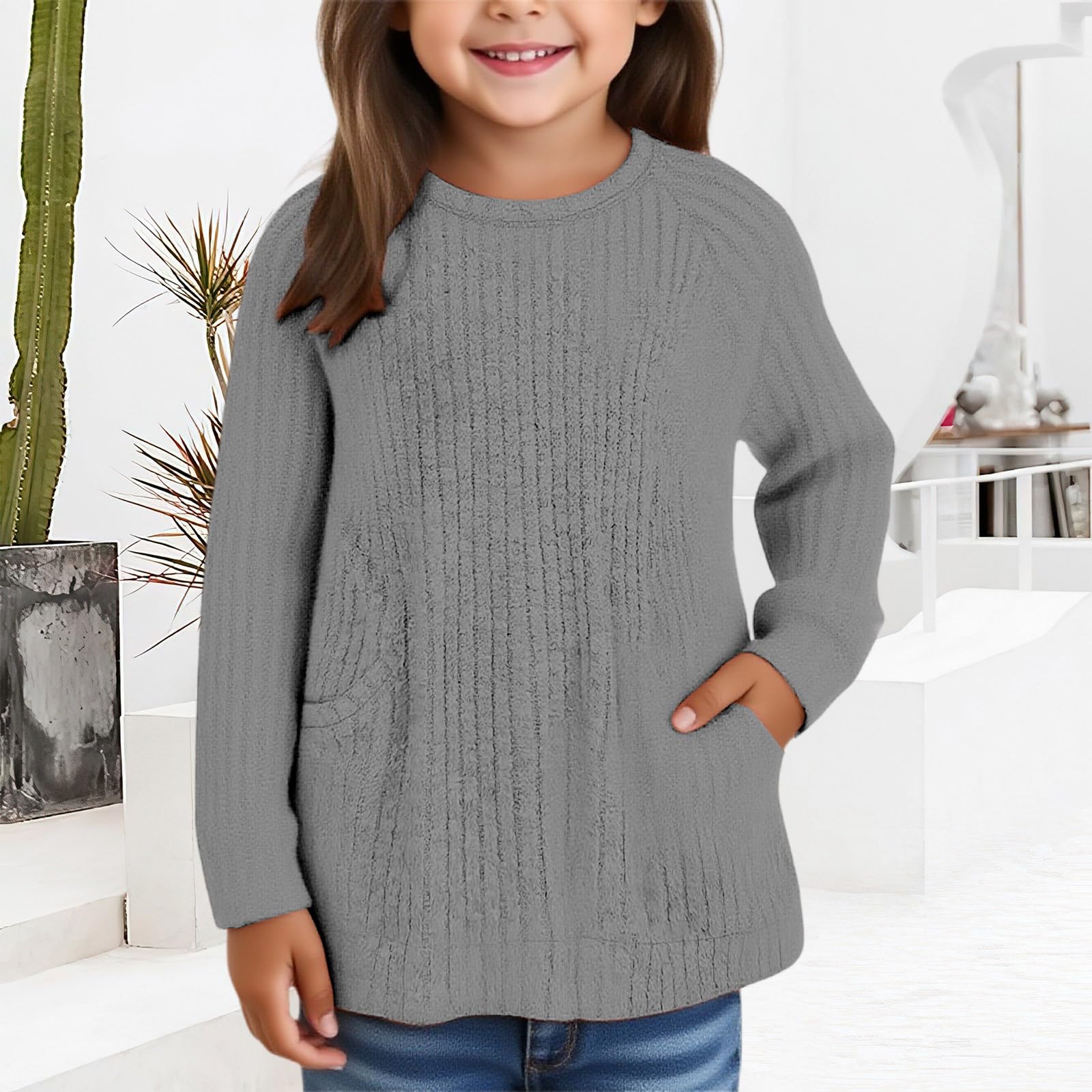 

Детская мода однотонный топ кэжуал с круглым вырезом и длинным рукавом XL