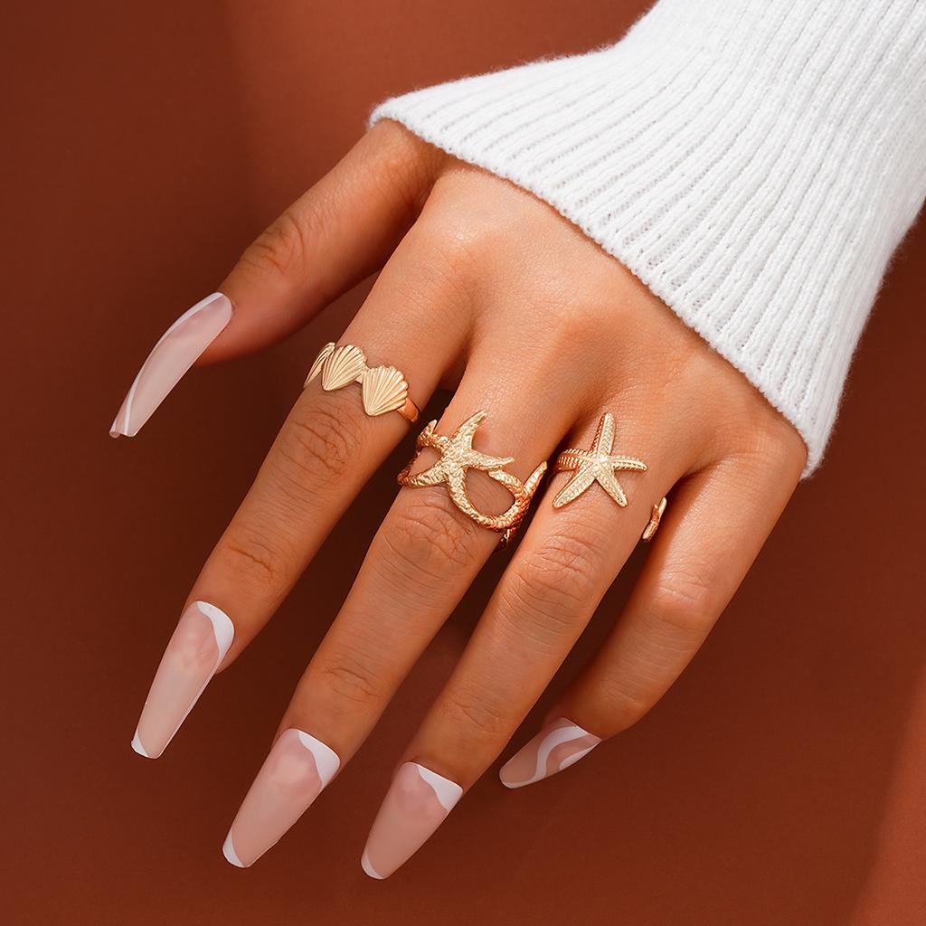 3 Stück/Set Seestern Muschel Offene Ringe Sets für Damen Vintage Goldfarbe Ozean Stil Ringe Mode Sommer Strandparty Schmuck Geschenke