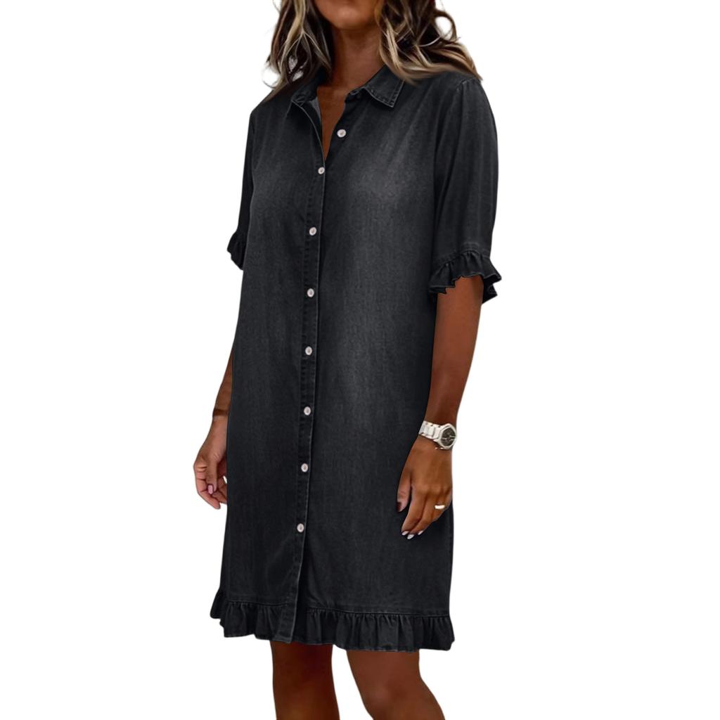 Casual Women Shirt Dress Button Down Ruffle Hem Short Sleeve Lightweight Loose Fit Summer Dress