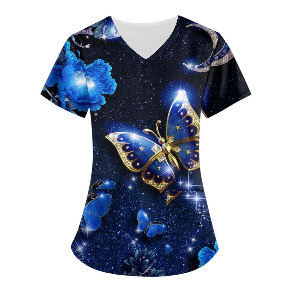 Women Fashion Butterfly Print V-neck Short Sleeve Workwear With Pockets Tops