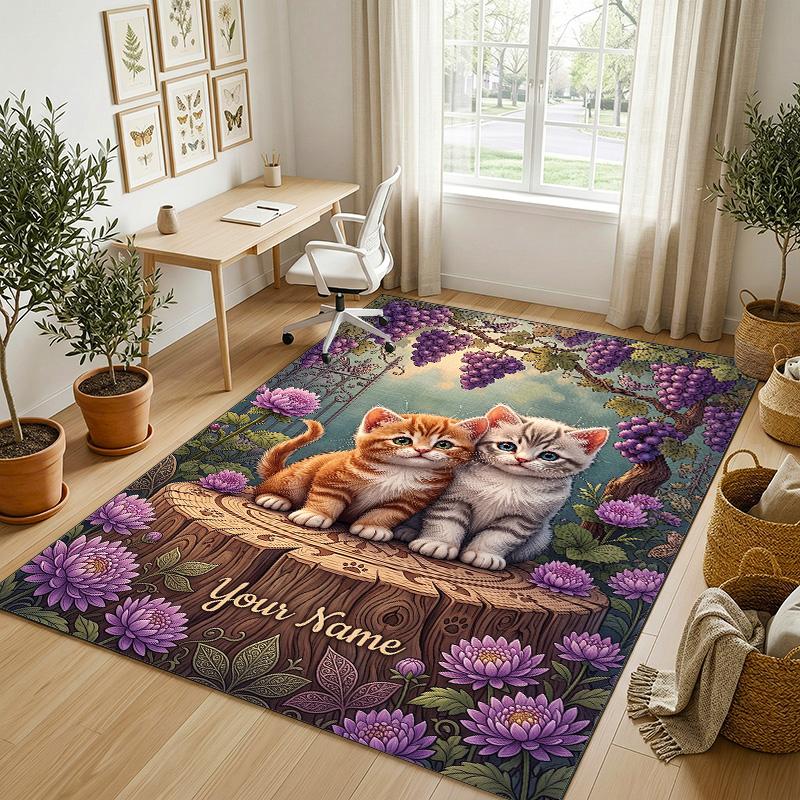 Kittens Theme Soft Crystal Velvet Rug Custom Name & Text Print Non Slip Floor Rug for Bedroom Living Room