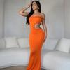 Women Sexy Off Shoulder Hollow Out Waist Exposed Slim Fit Bodycon Long Dress
