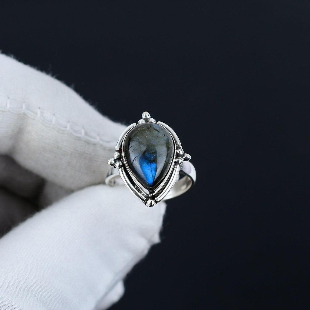 Anel ajustável de prata esterlina 925 com labradorita natural - Serve nos tamanhos 6 a 10 dos EUA - Joias Boho artesanais para mulheres e homens, presentes de dia dos namorados