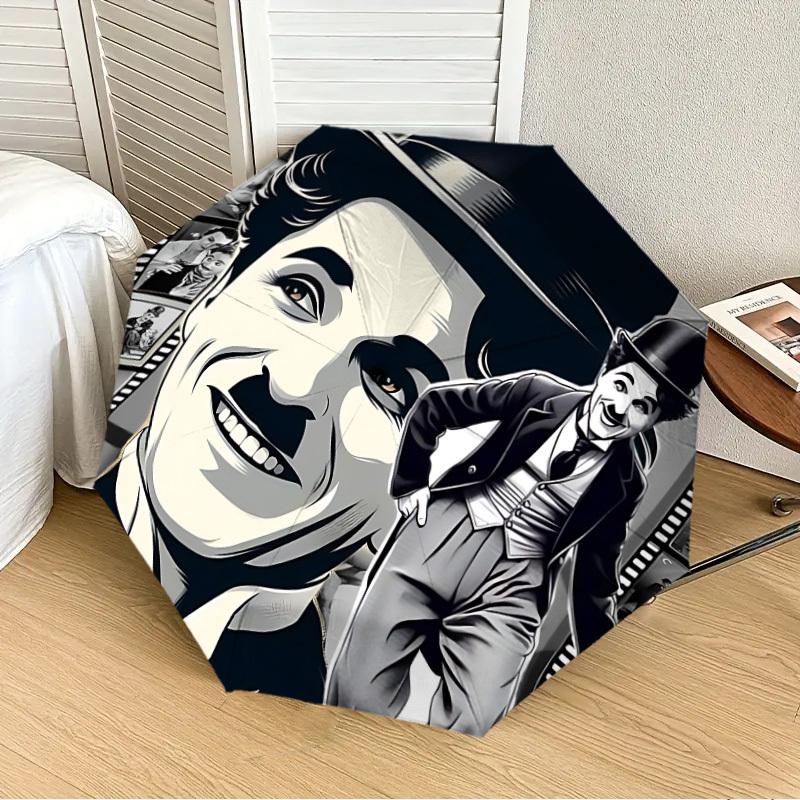 1 Stück Charlie Chaplin Filmstreifen Automatischer Faltregenschirm, Tragbares faltbares Design, Lässiges Outdoor-Accessoire L1127056