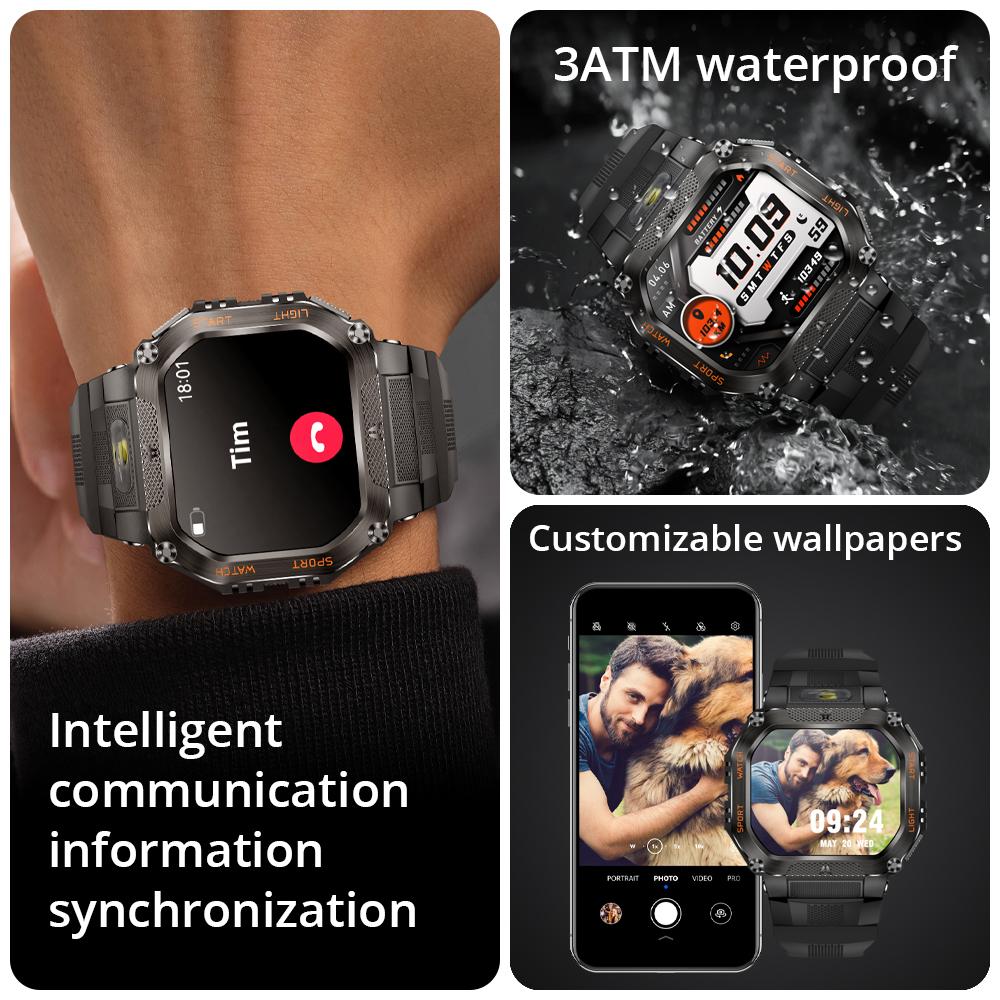 HT34 Smartwatch Masculino Chamada Bluetooth Robusto para Exterior Smartwatch 3ATM IP68 À Prova d'Água Lanterna Relógios Esportivos de Fitness
