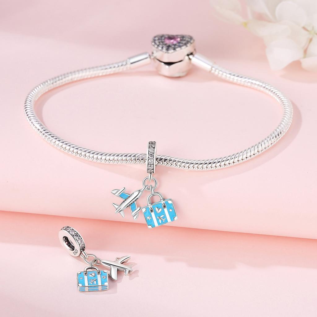 Beads Copper Charms Original Blue Airplane Travel Case Pendant Beads Fit Bracelet Jewelry Diy Women Gift Accessory