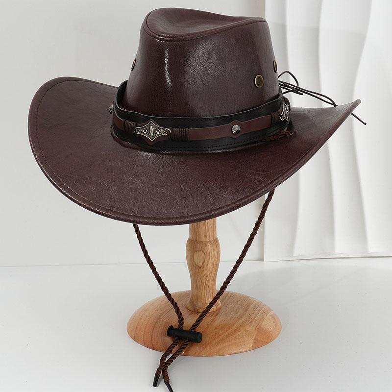 New Trendy Western Cowboy Hat Unisex Wide Brim Pu Leather Sun Caps Adjustable Outdoor Travel Hiking Camping Casual Men Women Hat