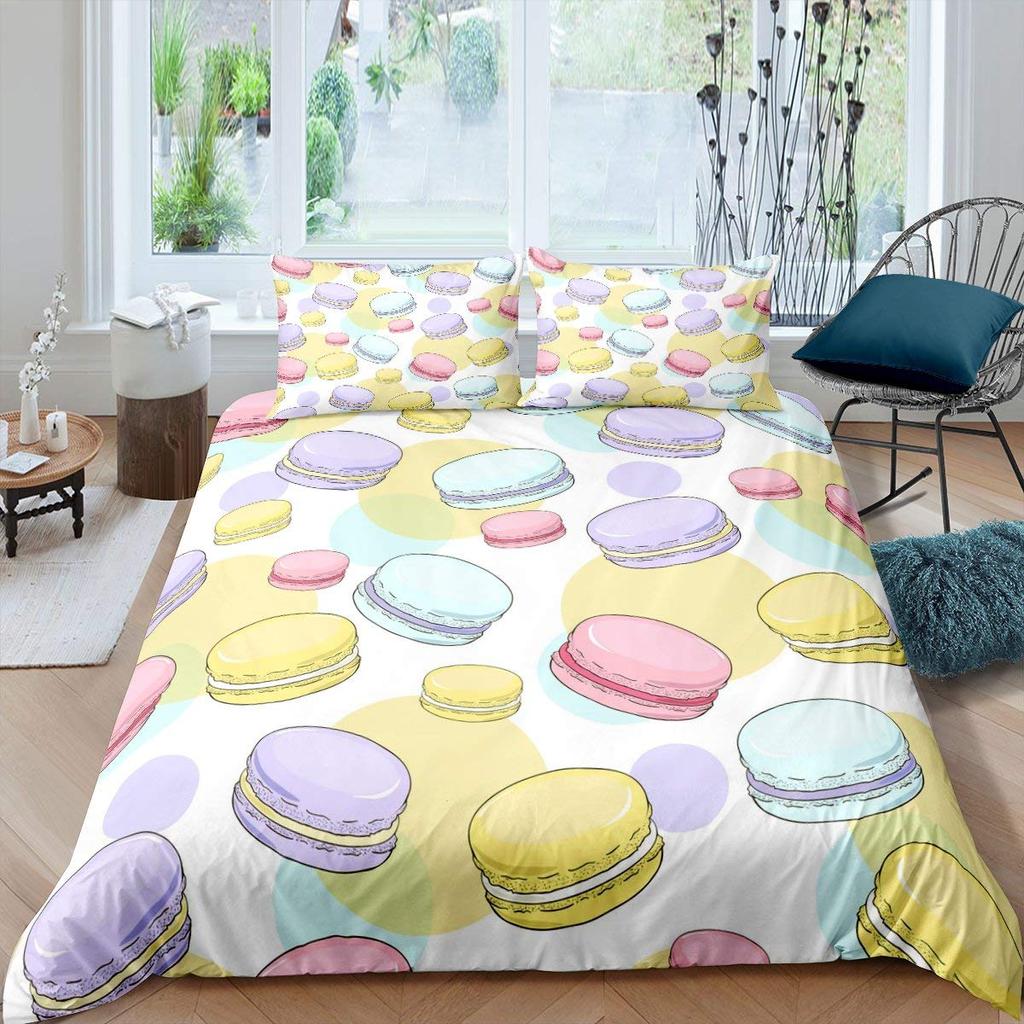 French Macaron Chocolate Print Bedding Set Colorful Duvet Cover 3D Print Comforter Cover Dessert Food Girls Bed Linen 3pcs Queen