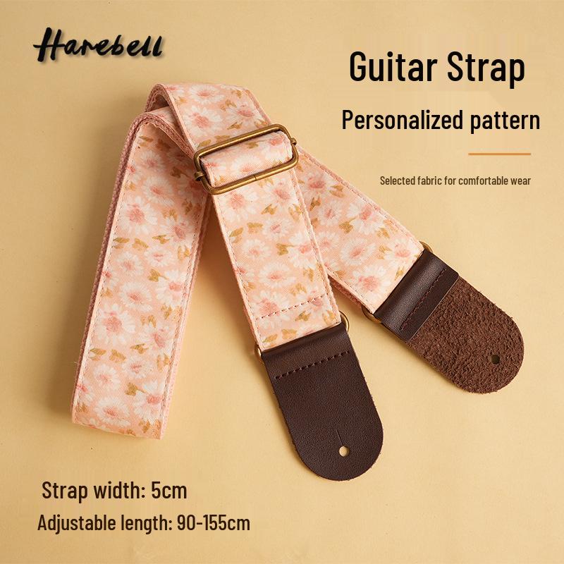 

Пасторальний квітковий ремінь для фолк-гітари з рожевим гібіскусом та білою хризантемою - Потовщений та розширений 90-155 cm