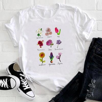 (Asian Size) Tee Top Flower Style Cute Sweet Clothing Casual Short Sleeve Fashion Tshirt Women Print Lady Female Graphic T-shirt