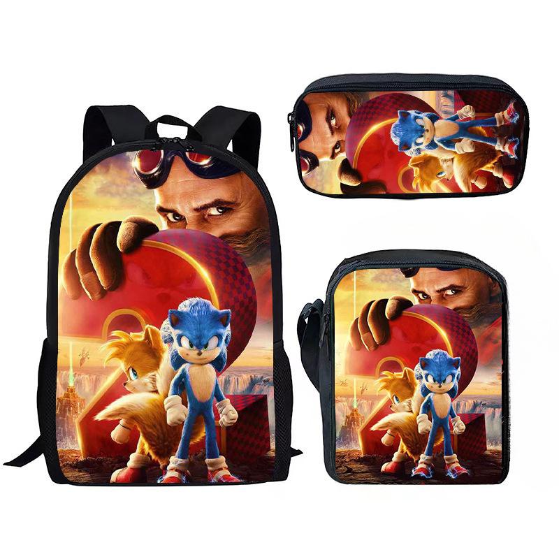 Sonic Backpack Set for Kids 3-Piece Anime Cartoon School Bag Boys Girls Lightweight Anti-Theft Bookbag with Pencil Case & Lunch Bag