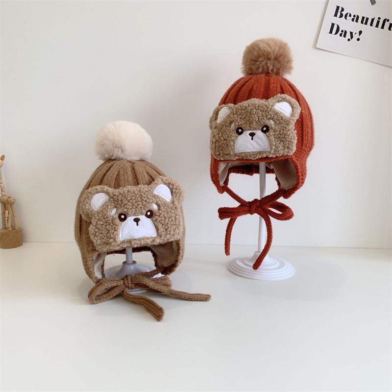 Autumn and Winter Baby Hats Cute Big Wool Ball Knitted Children's Ear Protection Hat Super Cute Little Bear Double-layer Warm Woolen Hat