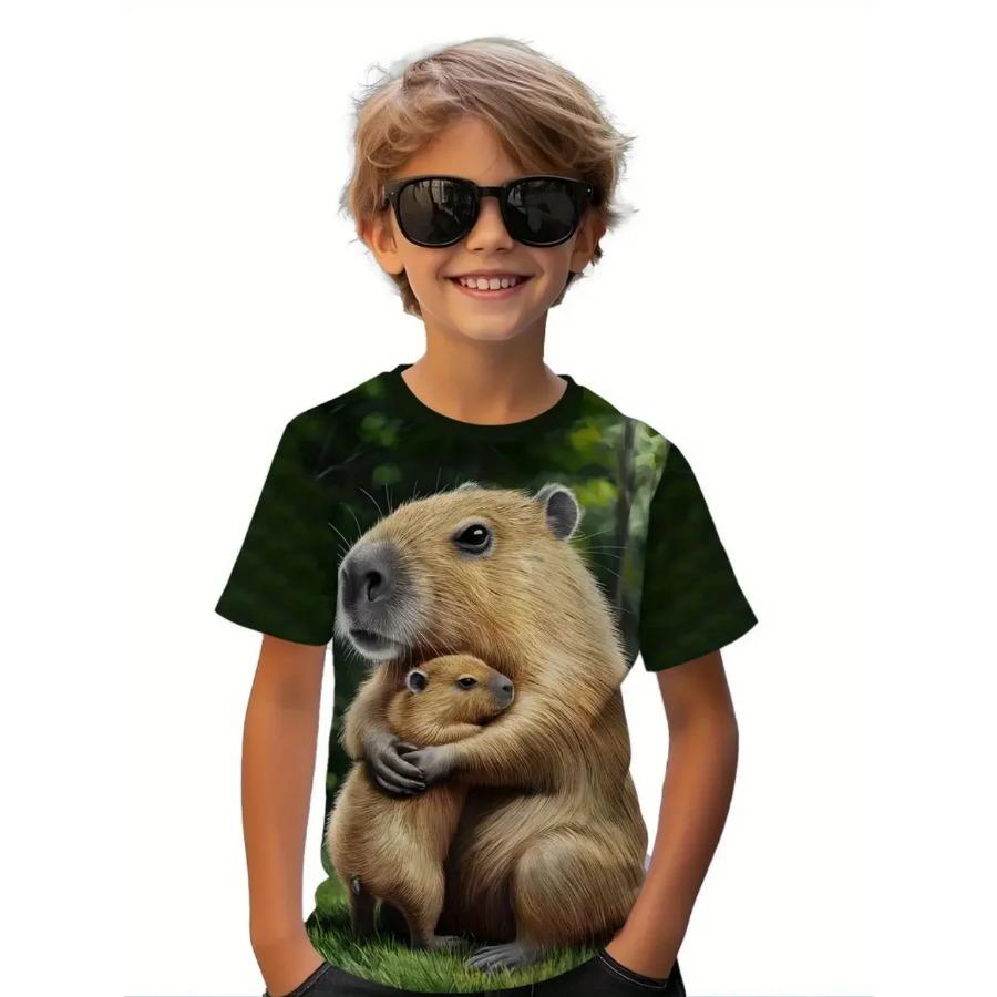 Çocuk T-Shirt Kapibara Futbol Oynuyor 3D Dijital Baskılı Kısa Kollu Tişört Yazlık Moda Üstler Çizgi Film Desenli Çocuk Giyim Erkek