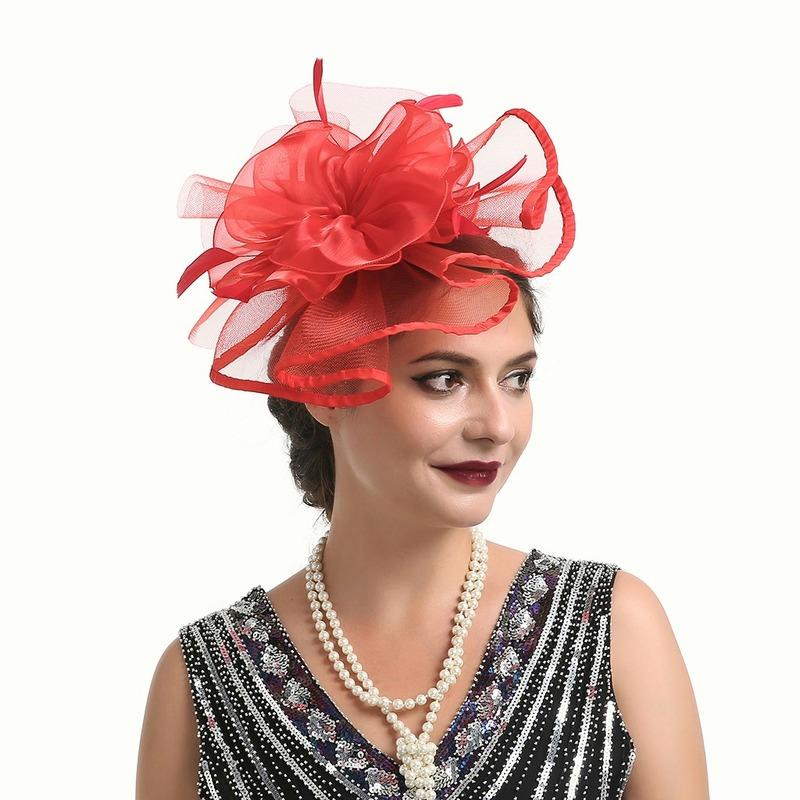 Перо Aliceband Fascinator Головная повязка Свадьбы Дамы День Скачки Королевский Аскот Органза Цилиндр красный