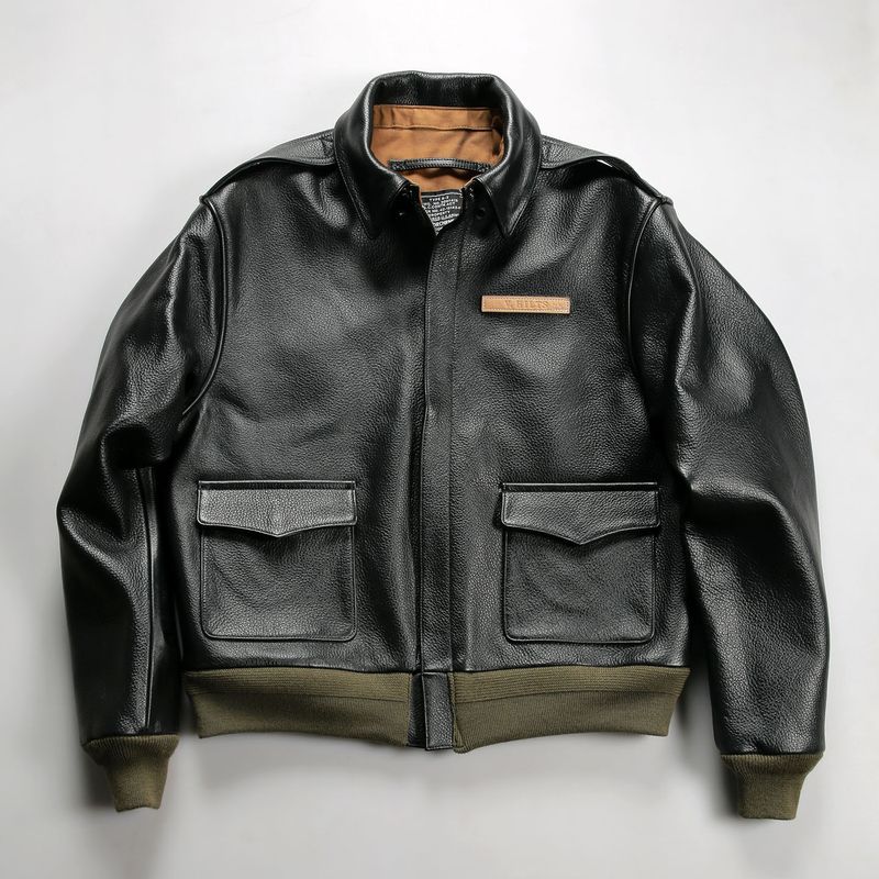 

American Retro A2 Escape Pilot Genuine Leather Jacket for Men, Natural Uncoated Thickened Oil Wax Cowhide Leather Jacket Black 3XL