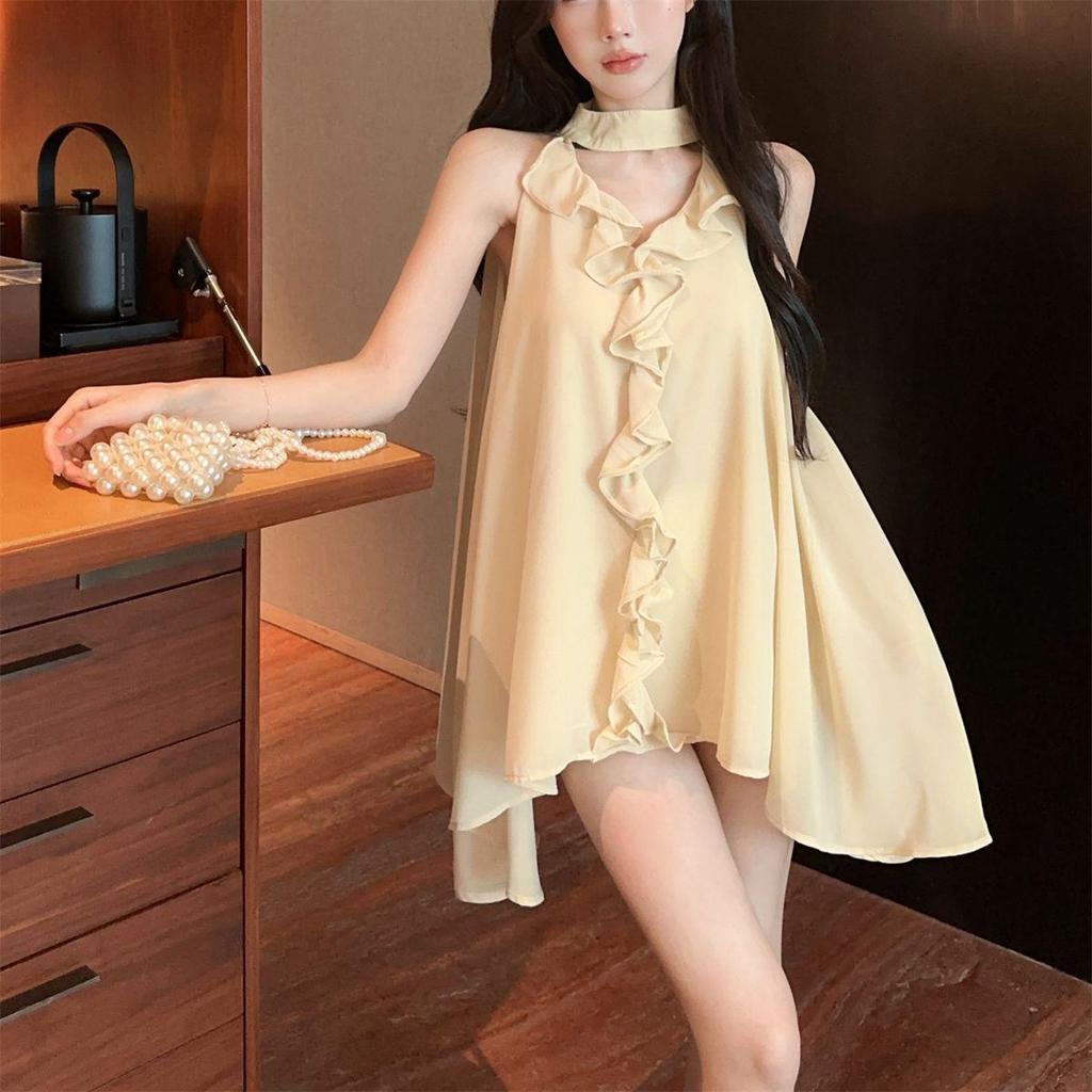French V-Neck Ruffle Halter Camisole for Women - Sleeveless, Loose, Stylish & Slimming Top