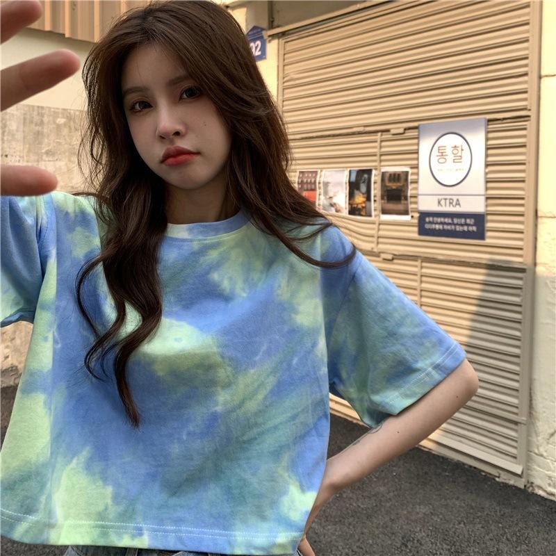 Tie-dye Short-sleeved T-shirt for Women's Summer New Design Sense Exposed Navel Short Hot Girl Student On Clothes Ins Tide
