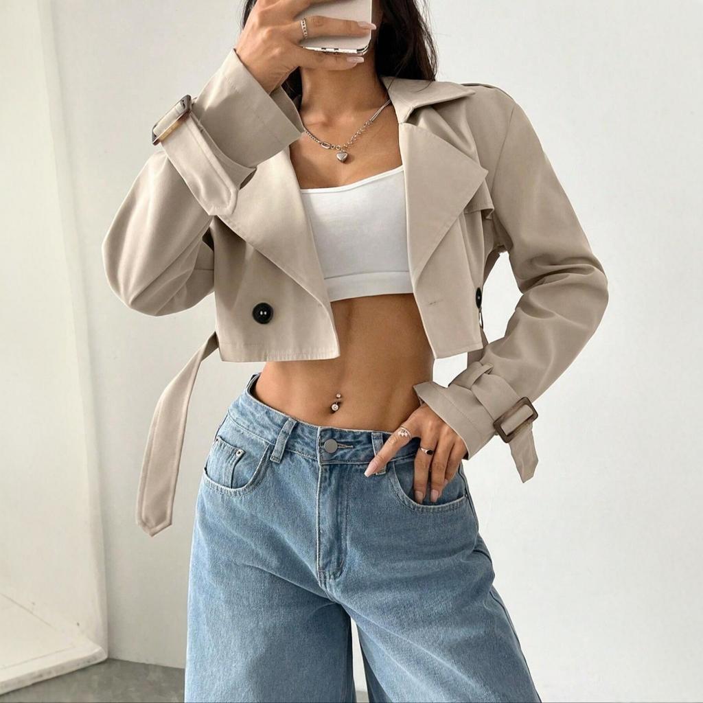 European & American Style Women's Waist-cinched Long Sleeve Short Trench Coat, Spring Autumn Casual Lace-up Fashion Outerwear