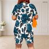 Women Plus Size Blue Rose Floral Printed Round Neck Short Sleeve Two Piece Fitted Shorts Set
