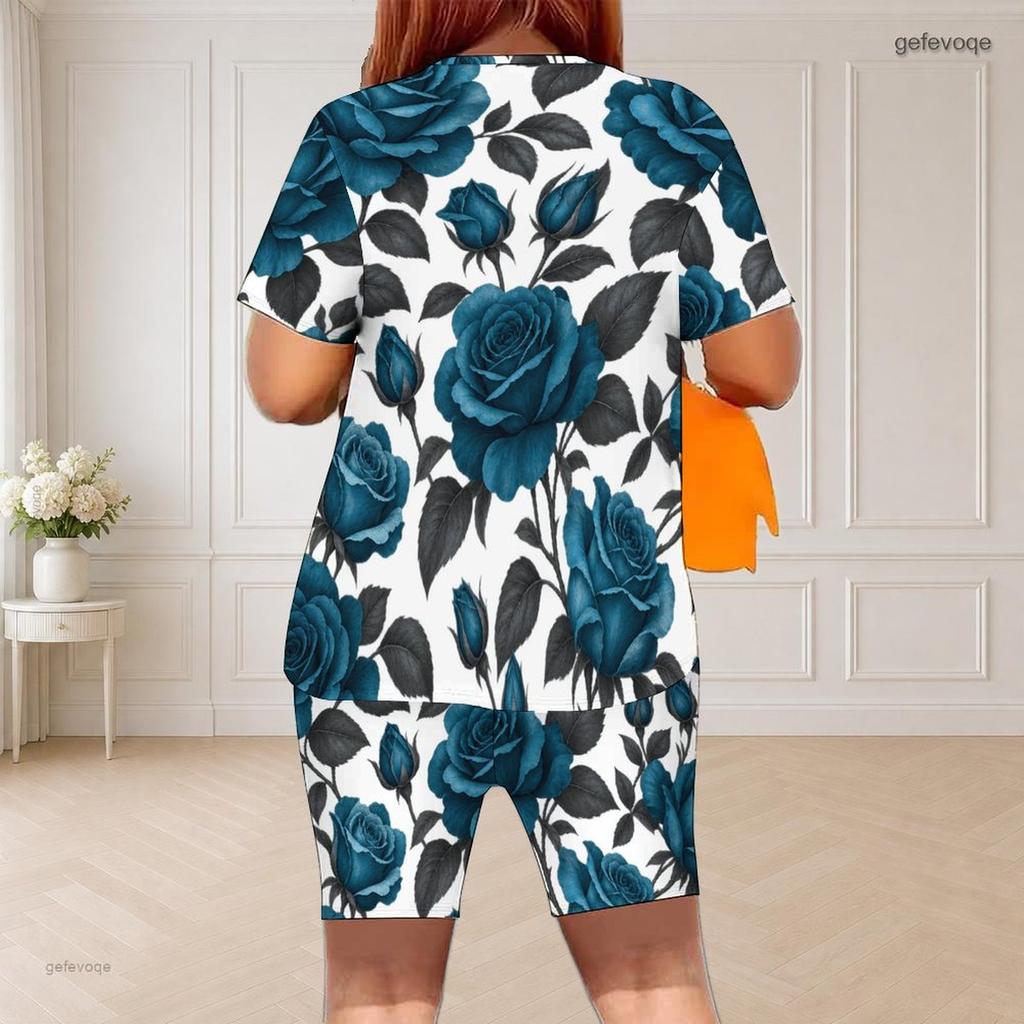 Women Plus Size Blue Rose Floral Printed Round Neck Short Sleeve Two Piece Fitted Shorts Set