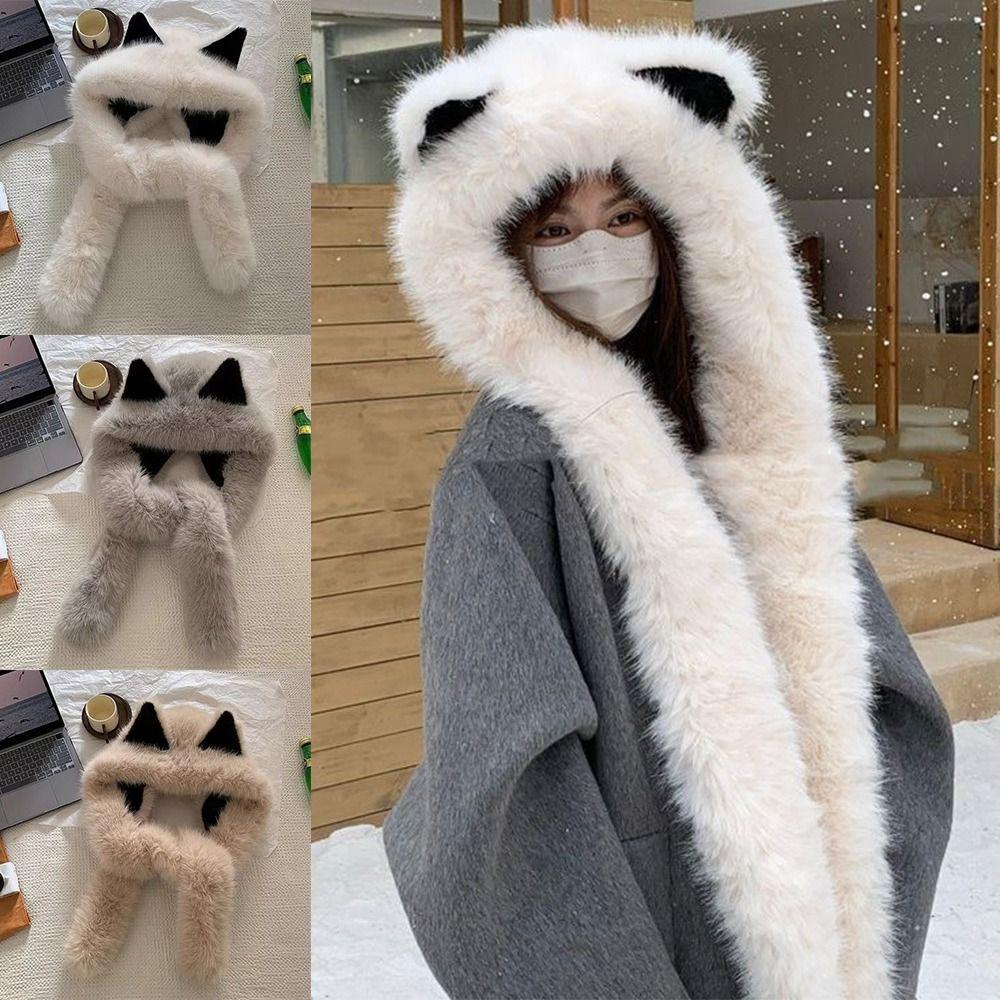 Soft Plush Integrated Cap Scarf Warm Beanie Ear Protection Windproof Cap Scarf Neck Warm Fake Fur Long Scarf Cap Cold Weather