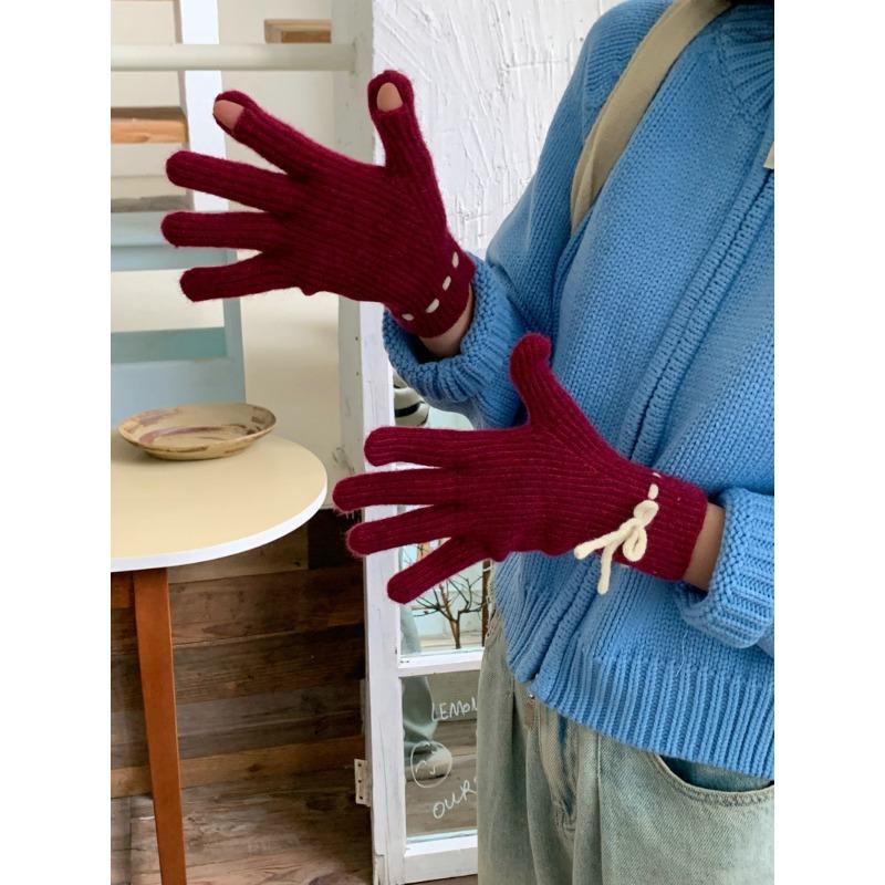 Student riding warm gloves autumn and winter cute bow knitted gloves female student finger gloves