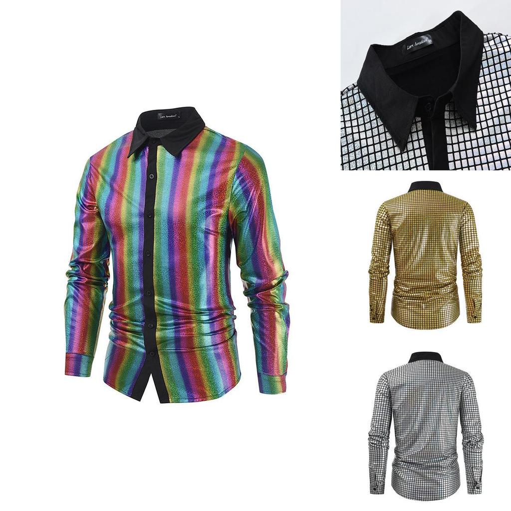 Geometric Silver Mens Dress Shirt With Glitter Buttons For Costume Events