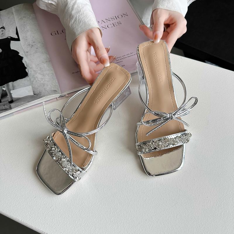 Pearl Bow Slippers 2024 Summer New Outer Wear Slippers Women High Heel Sandals Ladies Stiletto All-match Open Toe Roman Shoes