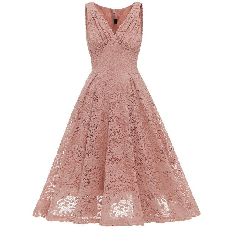 Elegant Vintage Lace Dress for Women V Neck Ruched Bust Cinched Waist Milkmaid Prom Skater Midi Cocktail Evening Party Formal Special Occasion Outfits