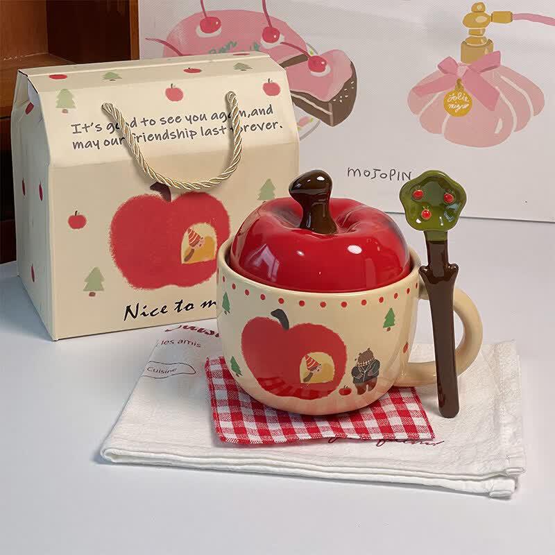 Cute Apple Ceramic Mug with Lid and Spoon