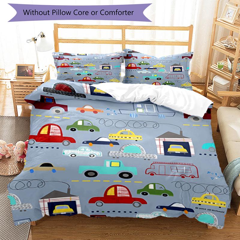 3pcs Cute Cars Bedding Set Duvet Cover Closure Includes 1 Duvet Cover & 2 Pillowcases, Soft and Comfortable for All Seasons.