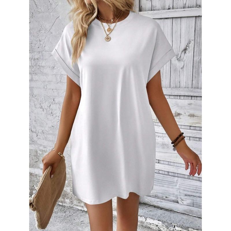Fashion Women O Neck Short Sleeve Summer Dress Loose Solid Color Simple Basic Elegant Casual Party Short Dresses Female Women's Clothing