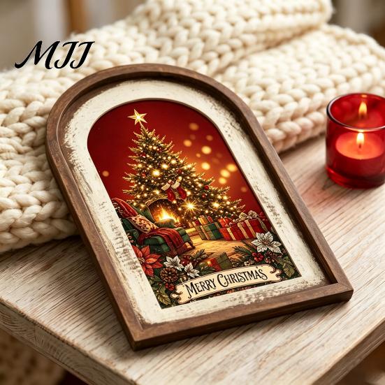 Farmhouse Christmas Tree Decorations Vintage Arched Wooden Wall Art, Double Layer Wood Framed Sign, Bedroom Winter Ornaments Xmas Print Hanging Decor