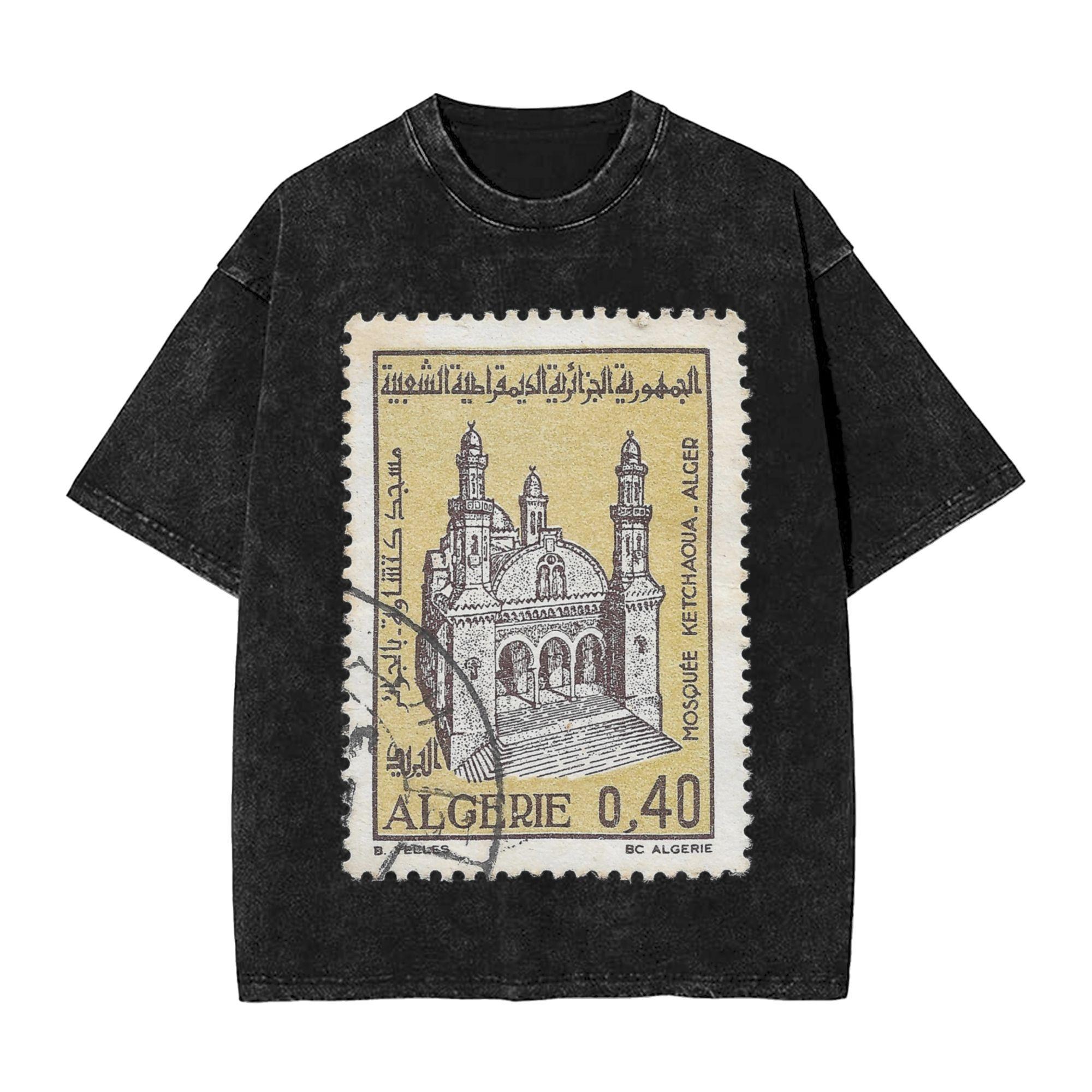 Men Women s T Shirt Vintage 1980 Algeria Stamp Mosque Algiers Washed T Shirts Summer Tee Shirt Aesthetic Design Cotton Tops Gift S разноцветный