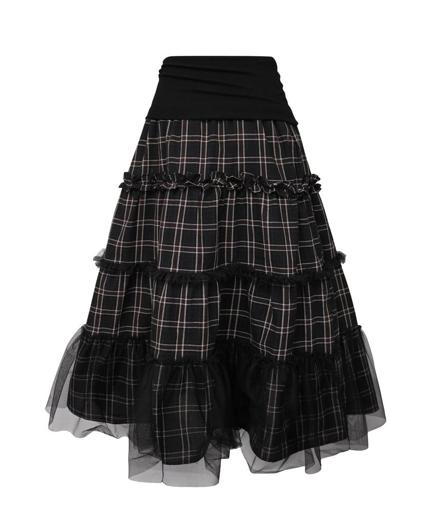 Mileko Folded Check Frill Mesh Sk Black