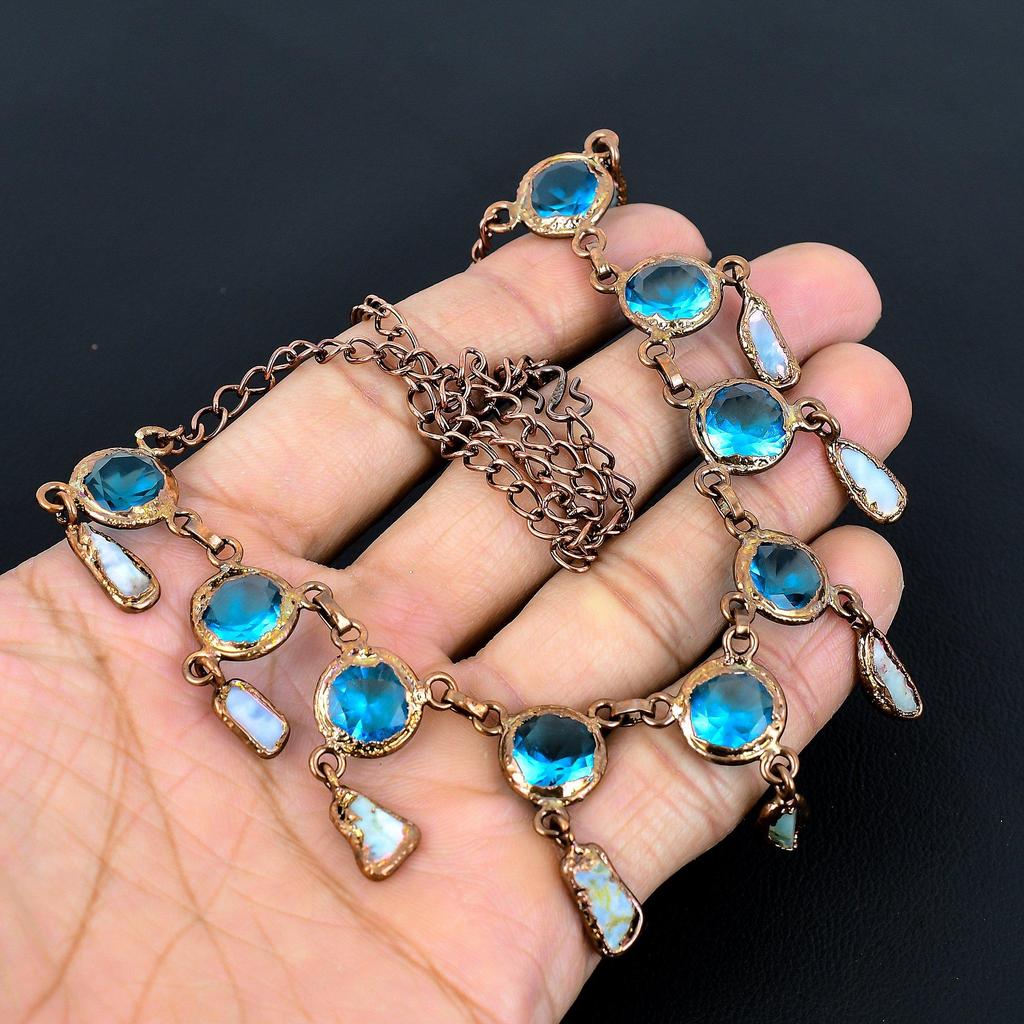 Larimar Copper Electroformed Necklace with Adjustable Chain, Handmade Gemstone Jewelry Necklace For Memorial Day