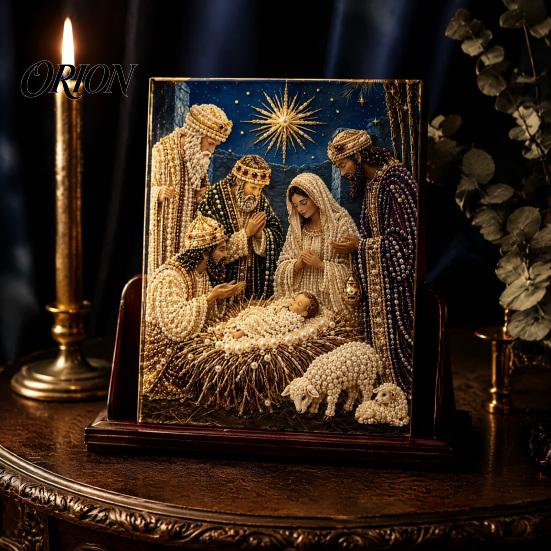 Resin Bead Art Set Nativity Faux Pearl Kit, Holy Family Painting DIY Spiritual Wall Display 3D Religious Craft for Adults, Home Christmas Decor Adults