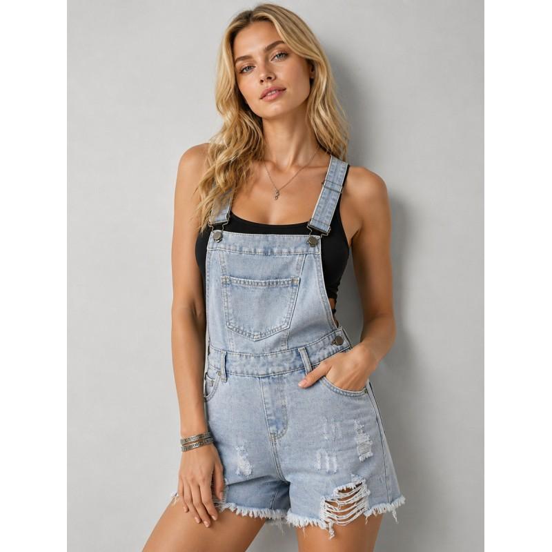 Womens Distressed Denim Overalls Shorts With Raw Hem Loose Fit Casual Wear