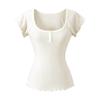 Korean niche design sense U-neck short-sleeved T-shirt for women, summer new button lace slim-fitting and thin top trendy